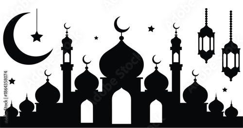 Black silhouette of large mosque with crescent moon stars and hanging lanterns for holiday