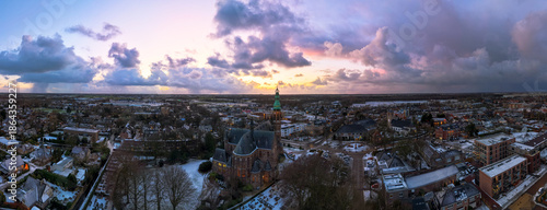Aerial Panoramic Drone View of Lisse, with Sint-Agathakerk (St. Agatha’s Church) Historic Landmark in South Holland, Netherlands, January 2026
