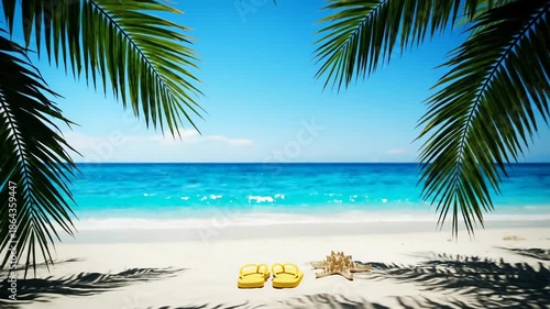 Tropical Beach Getaway - Yellow Flip-Flops and Starfish on Sand.