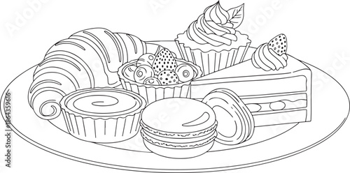 Assorted Sweet Desserts and Pastries on a Plate Coloring Page Illustration