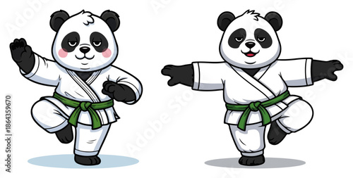 Cute panda bear mascot in karate uniform practicing martial arts poses vector illustration