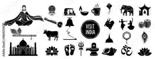 India travel and culture icon set including Taj Mahal yoga elephant and traditional symbols