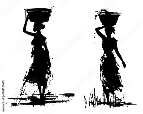 Silhouette of woman carrying basket on head artistic ink sketch style illustration