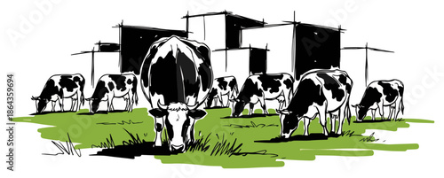 Herd of cows grazing on green pasture with farm buildings sketch landscape
