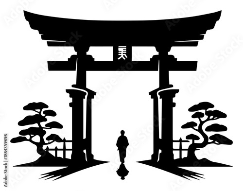 Traditional Japanese Torii gate silhouette with person walking and bonsai trees