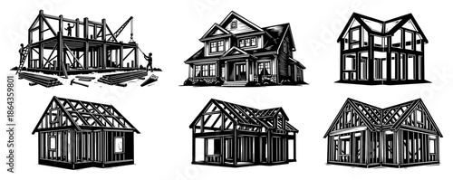 Wooden house construction frame sketch set building structure architecture illustration