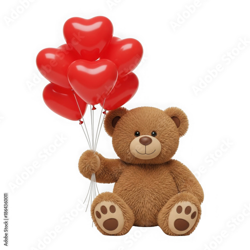 Teddy bear holding heart balloons isolated on transparent background