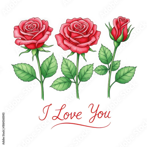 Three red roses expression of love isolated on transparent background
