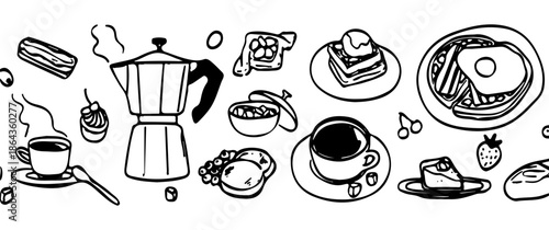 Black and White Breakfast Illustration with Coffee, Pastries, Fruit and Eggs