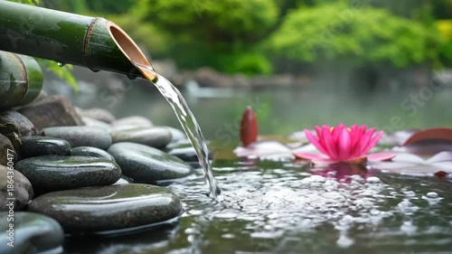 Zen Garden Water Feature with Bamboo and Lotus Flowers.