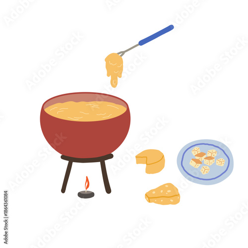 Cheese Fondue. Traditional food from Switzerland or France. Cartoon vector color Illustration on isolated background. Food, Christmas dinner. Design element for card, sign, print, social media, menu