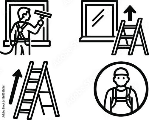 Window cleaning symbols: ladder, worker, tools, and safety harness illustrations