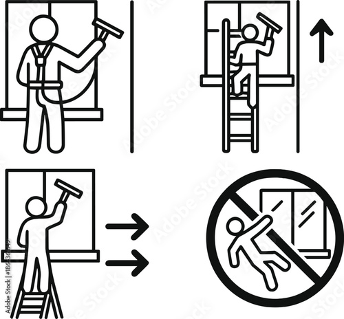 Window cleaning safety guide icons depicting proper techniques and warning sign