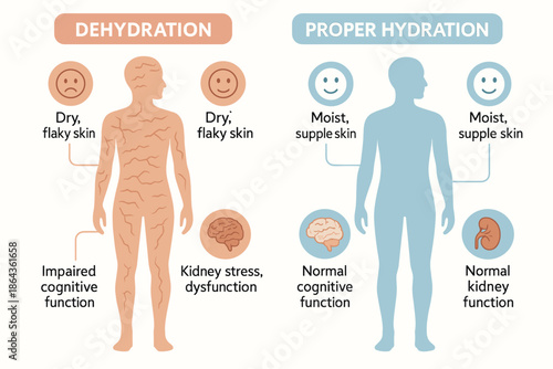 Effects of dehydration vs. proper hydration on human skin and organ function