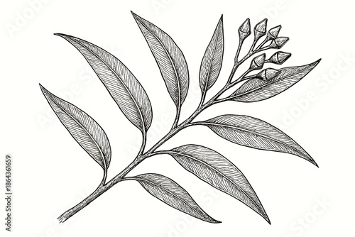 Detailed botanical sketch of eucalyptus branch with leaves and buds