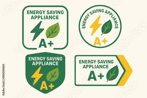 Energy saving appliance icons with a+ rating and green leaf symbols