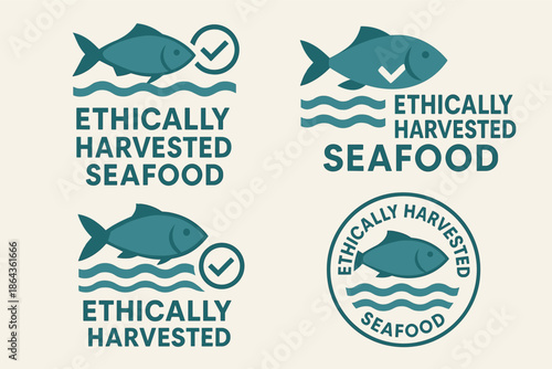 Ethically harvested seafood logos featuring fish and checkmark design