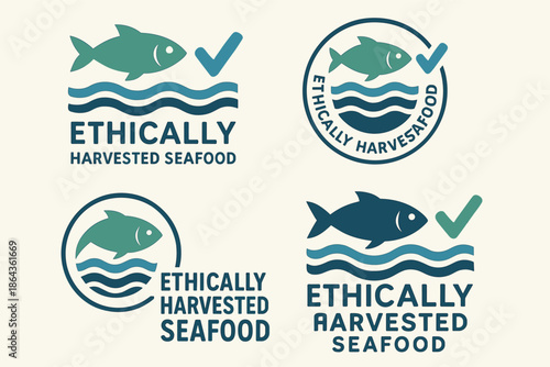 Ethically harvested seafood logos with checkmark and fish illustrations