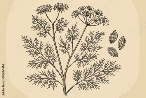 Detailed botanical of dill plant with seeds on beige background