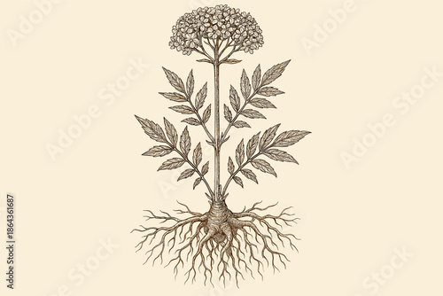 Detailed botanical of a valerian plant with roots and leaves