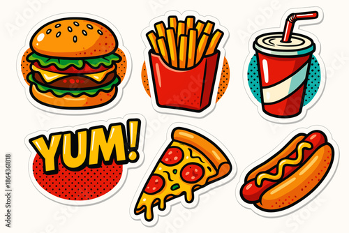 Colorful cartoon fast food stickers featuring burger, fries, and soda