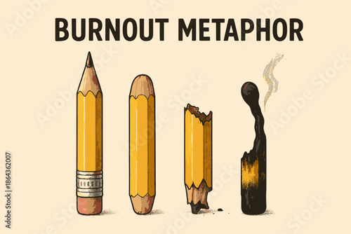 of pencil burnout metaphor showing stages from new to burned