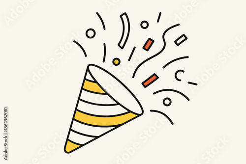 Celebration party popper with yellow stripes and confetti burst