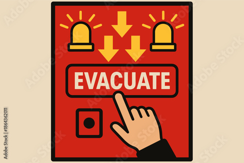 Emergency evacuation sign with alarms and arrows indicating escape route