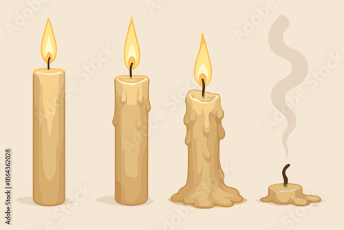 Sequence of melting candles from tall to completely burned out
