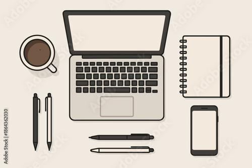 Minimalist workspace with laptop, coffee, notebook, smartphone, and pens