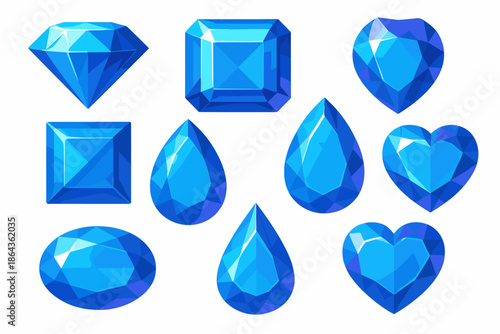 Collection of shiny blue gemstones in various shapes on white background
