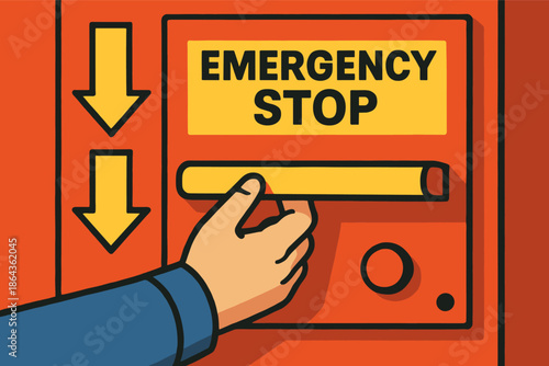 Illustrated emergency stop button with hand activating safety mechanism