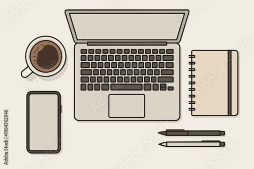 Workspace setup with laptop, coffee, smartphone, notebook, and pens