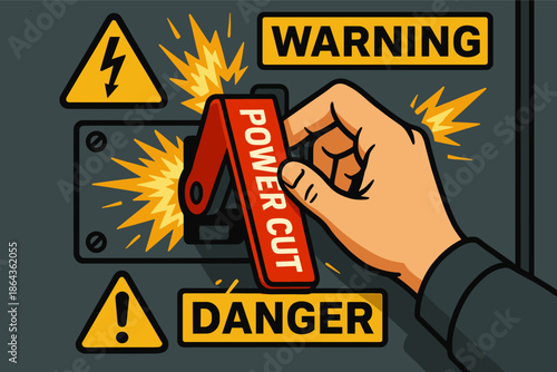 Cartoon hand activating power cut switch with warning and danger symbols