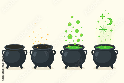 Four black cauldrons with magical effects and green potion