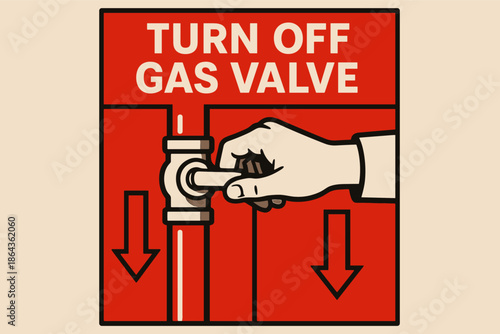 Instructional poster warning to turn off gas valve with hand