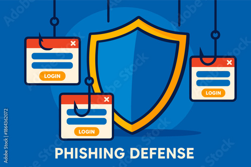 Phishing defense concept with login forms and shield icon