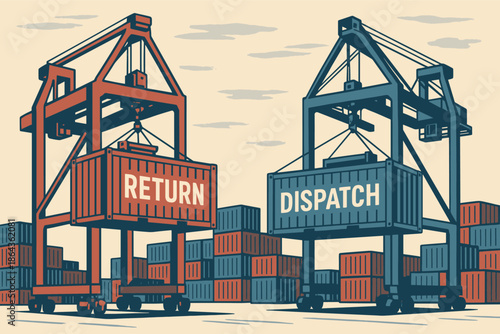 Industrial cargo port with large cranes and shipping containers