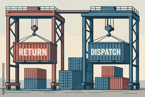 Cartoon port with return and dispatch containers on cranes