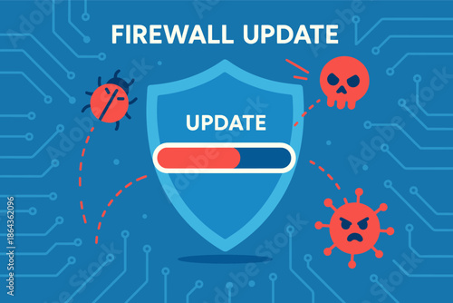 Firewall update concept with progress bar and virus icons on blue circuit background