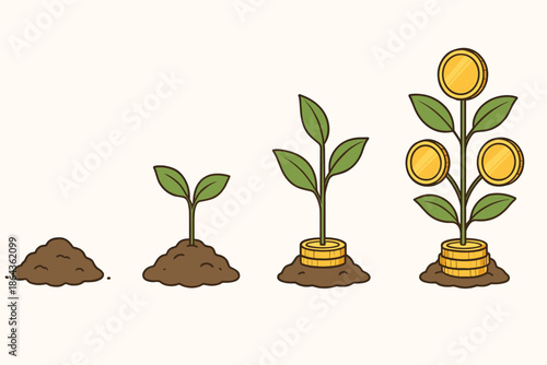 Plant growth stages into money tree symbolizing financial investment and growth