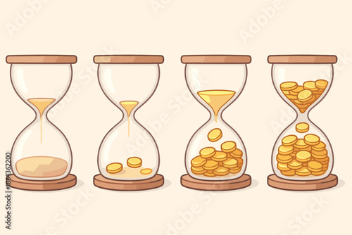 Four hourglasses progressively filling with gold coins