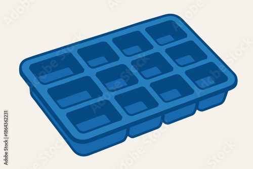 Blue plastic ice cube tray with twelve compartments on white background