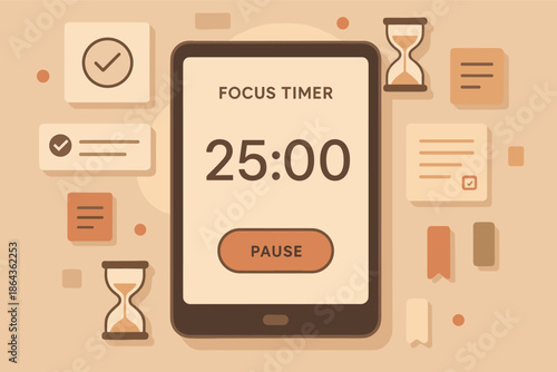 Digital focus timer with hourglass icons and task reminders for productivity