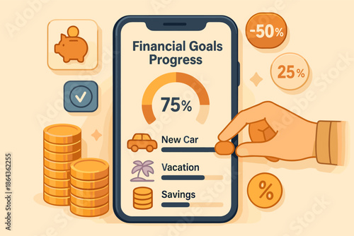 Mobile app tracking financial goals with savings and progress visualization