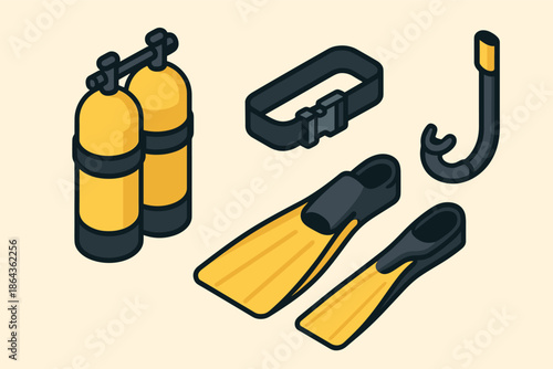 Scuba diving equipment set with tanks fins snorkel and belt