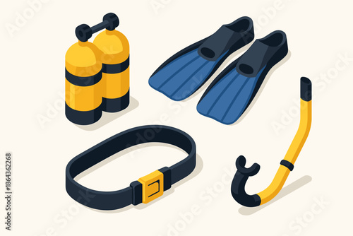 Diving gear set with snorkel, fins, belt, and scuba tanks in isometric design