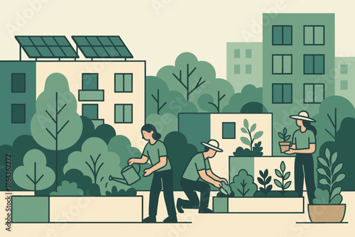 Urban community gardening with solar-powered buildings in sustainable city