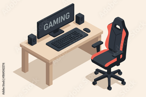 Modern gaming setup with ergonomic chair and desktop accessories on wooden desk