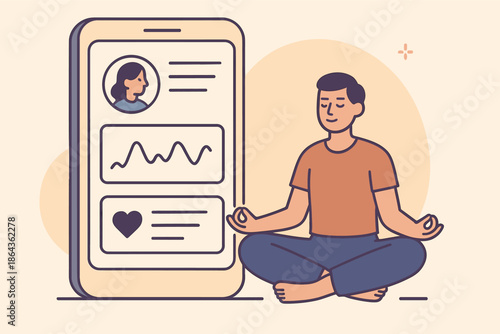 Young caucasian male meditating with health app on smartphone